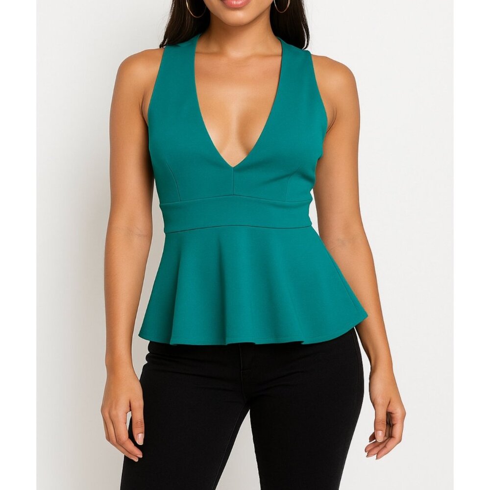 Bebe Blouse Size Medium Teal Sleeveless Peplum Top Deep V Neck Going Out Fitted
